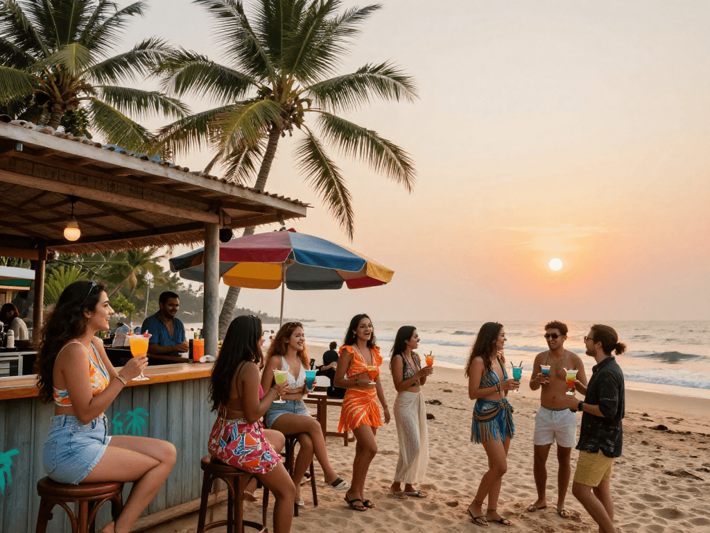 Goa escort interacting with clients at a beachside bar, showcasing the vibrant culture and lifestyle.