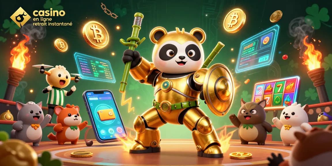 Jouez au casino en ligne retrait instantané avec un panda doré en costume de mech dans une illustration vibrante.