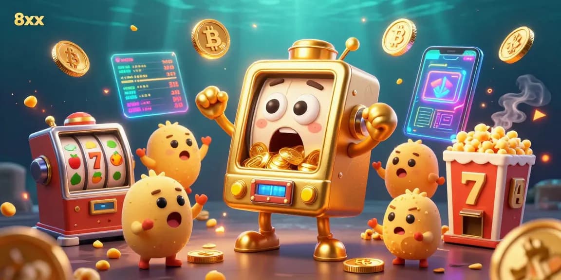 Experience the excitement of 8xx with a jackpot-winning slot machine showering coins in this vibrant digital illustration.