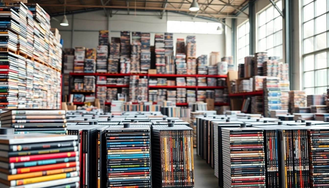 Showcase of a vibrant DVD distributor with diverse titles in a well-lit warehouse.