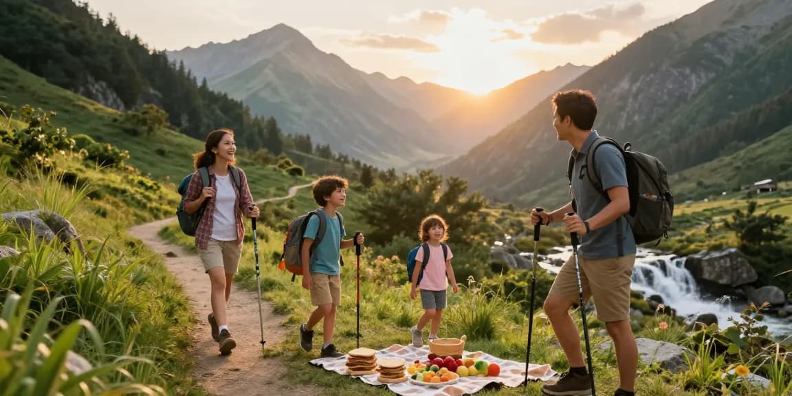 A family exploring nature at a sunset mountain landscape, representing thatmountainlife.com's adventure spirit.