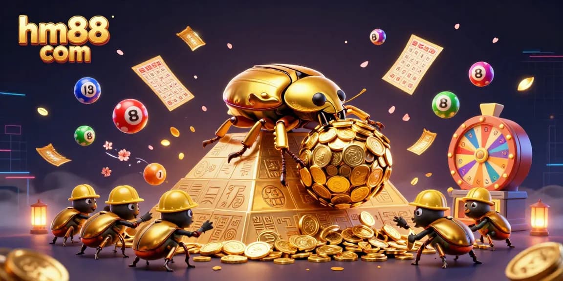 Engaging scene of hm88 com showcasing a golden dung beetle amidst bouncing lottery balls, vibrant casino elements.