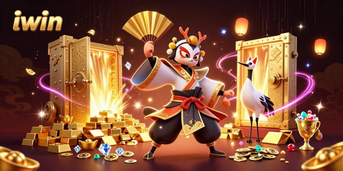 iwin transforms your gaming experience with vibrant kabuki warrior and sparkling treasure elements.