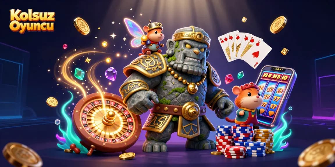 Kolsuz Oyuncu features a vibrant illustration of an ancient golem, fairy, and hamster knight amidst casino elements, celebrating gaming excitement.