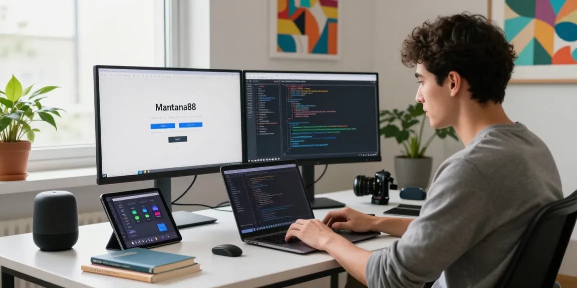 Login interface for mantra88 displayed on dual monitors in a modern tech workspace.