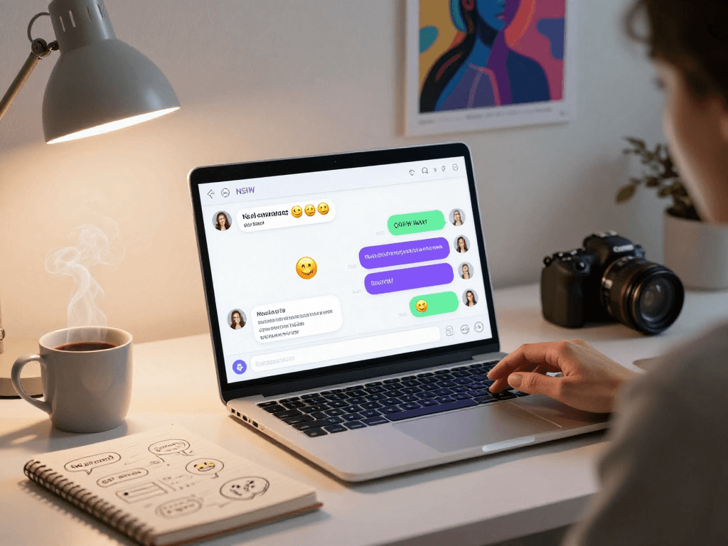 User engaging in ai nsfw chat on a modern laptop in a vibrant workspace