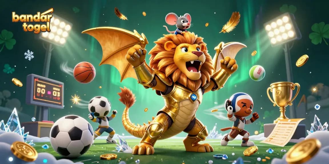 Experience thrilling bandar togel action with a chimera roaring triumphantly amidst dynamic sports elements and shining treasures.