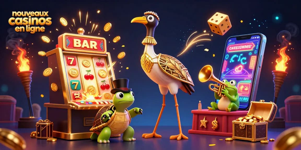 Découvrez les nouveaux casinos en ligne avec ce visuel illustrant des personnages captivants et des éléments de jeu fascinants.