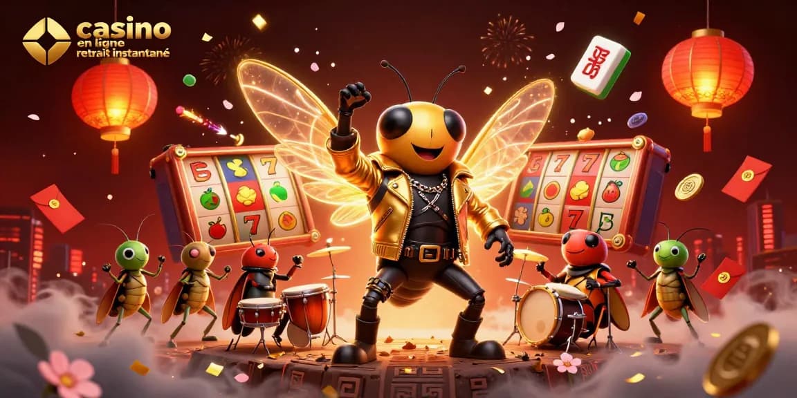 Le jeu captivant casino en ligne avec retrait instantané illuminé par un rock star cicada et des éléments de casino.