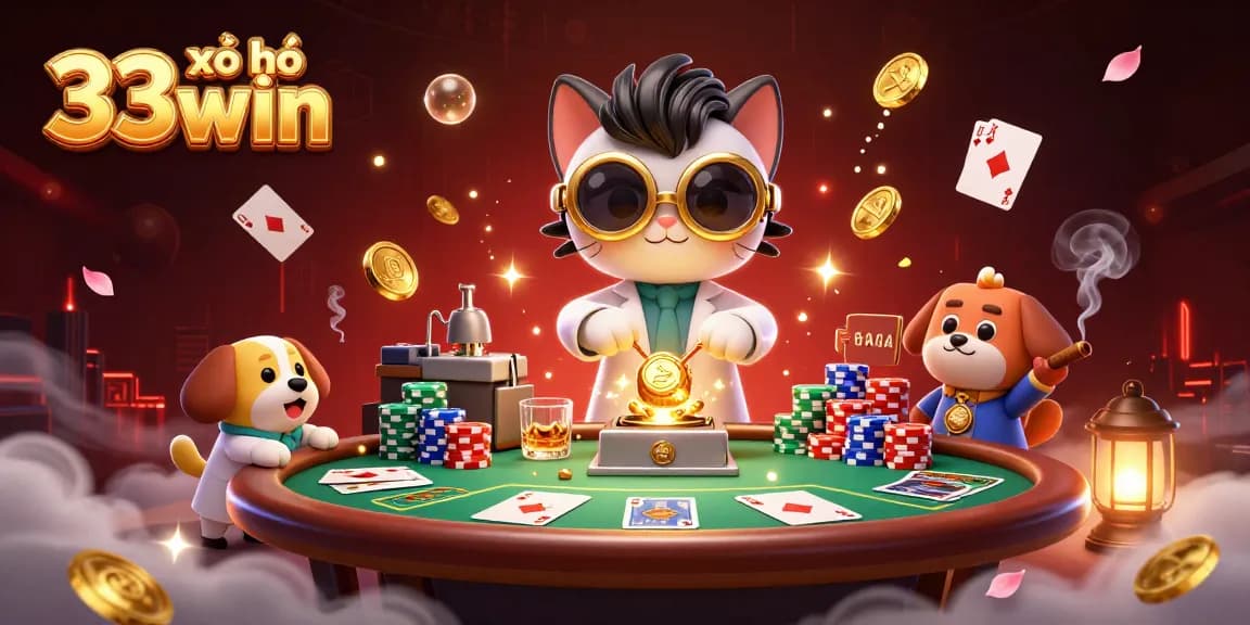Bet on xổ số 33win with excitement as the playful mad scientist cat and dog illustrate online lottery thrills.