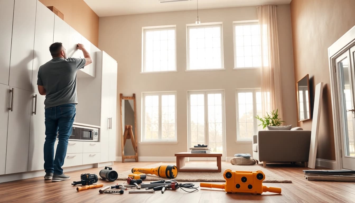 Home improvement process underway in a bright, renovated living room with modern cabinetry.