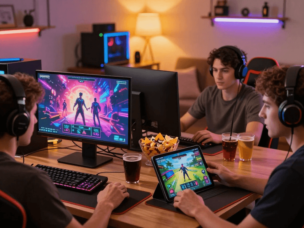 Engaging scene of players enjoying sex games on various devices in an inviting gaming environment.