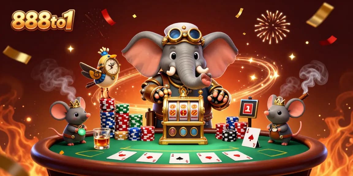 Experience thrilling gaming with 888to1 as a steampunk elephant operates a golden slot machine.