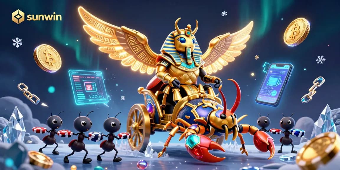 Experience the thrilling energy of sunwin with a vibrant 3D casino scene featuring a golden beetle and blockchain elements.