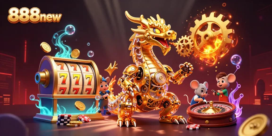 Experience thrilling gaming action at 888new with vibrant casino elements and a golden dragon illustration.