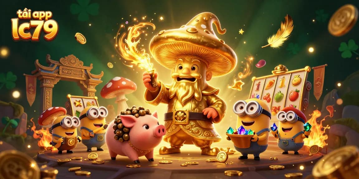 Trải nghiệm tải app lc79 với hình ảnh một pháp sư nấm vàng khổng lồ giữa thế giới casino sống động.