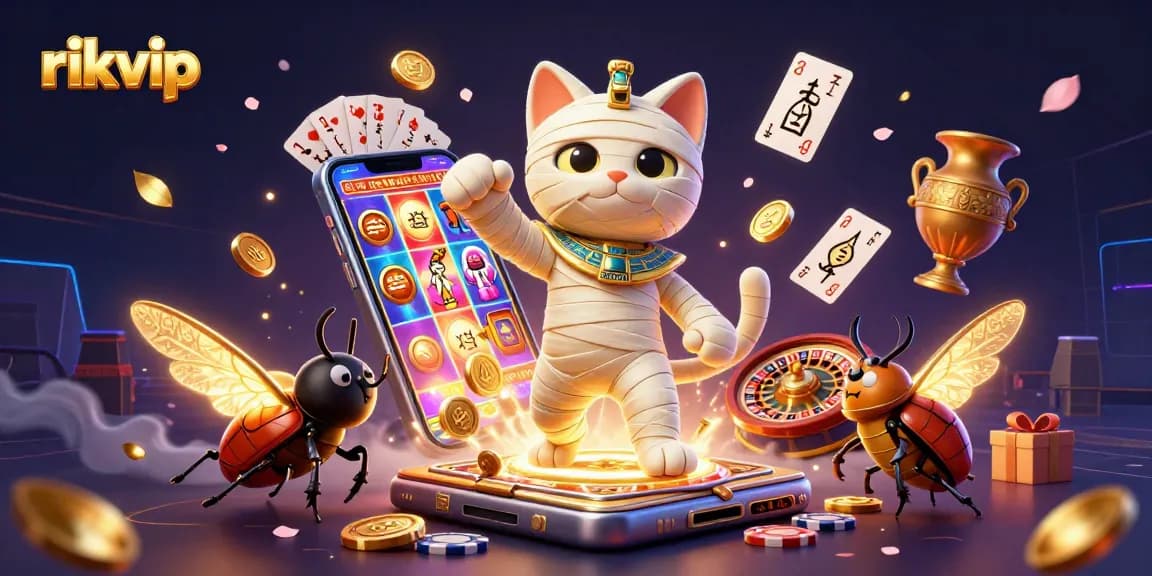 Experience the excitement of rikvip with a dynamic casino 3D illustration featuring a mummy cat and slot games.
