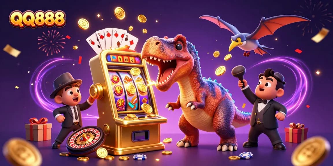 Engage with QQ888 as a pachycephalosaurus wins big at the slot machine with flying coins.