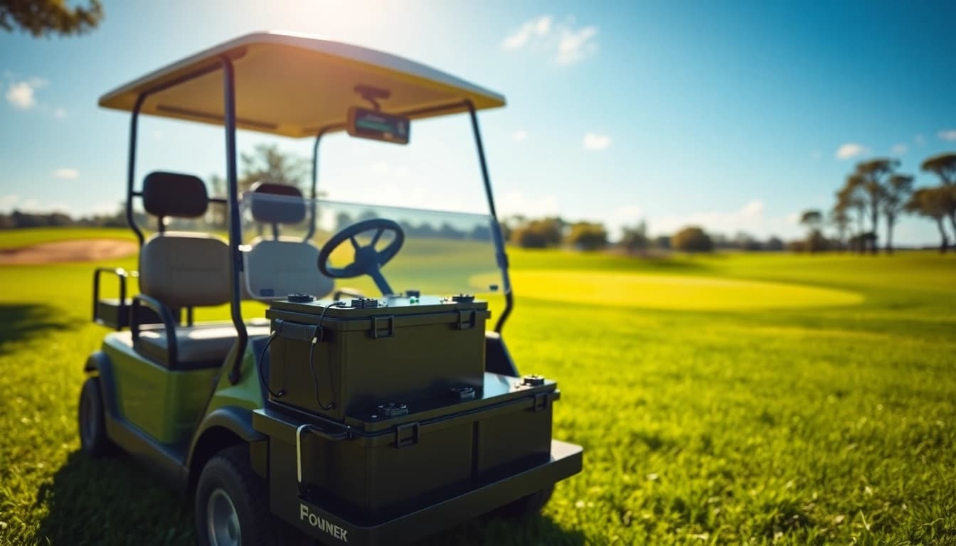 Lithium golf cart batteries displayed powerfully in a sleek golf cart on a sunny golf course.