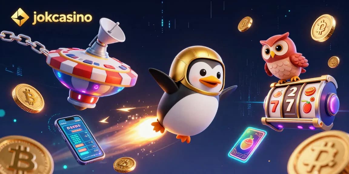 Experience jokacasino excitement with the rocket-powered penguin and glowing crypto elements in this captivating casino scene.