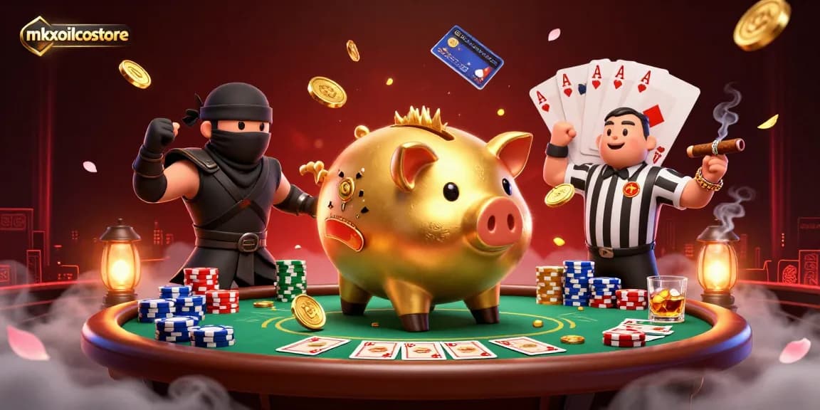 Experience the excitement of mkxoilcostore with a dynamic casino-themed 3D illustration featuring engaging characters and game elements.