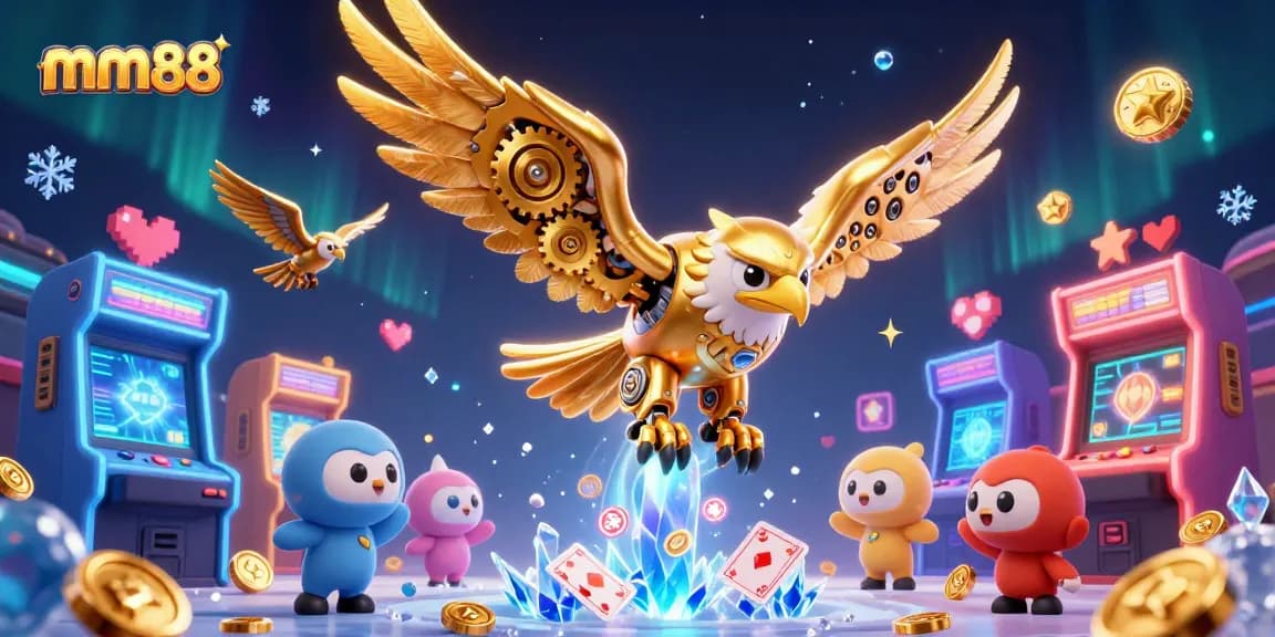 Experience mm88's thrilling casino adventures with a golden eagle amid holographic cards and gaming machines.