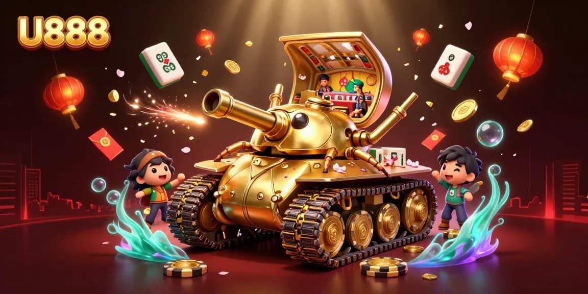 Engage in thrilling casino action at U888 with a golden beetle tank revealing a magical gaming world.