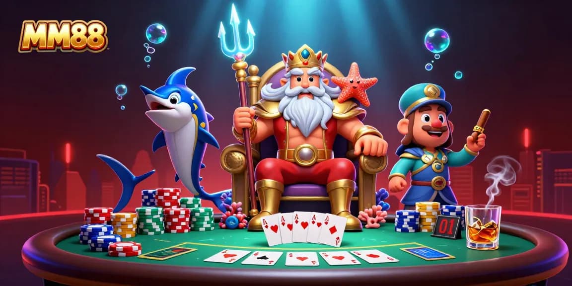 Experience exciting gameplay at MM88 with sea king Neptune in a vibrant casino scene.