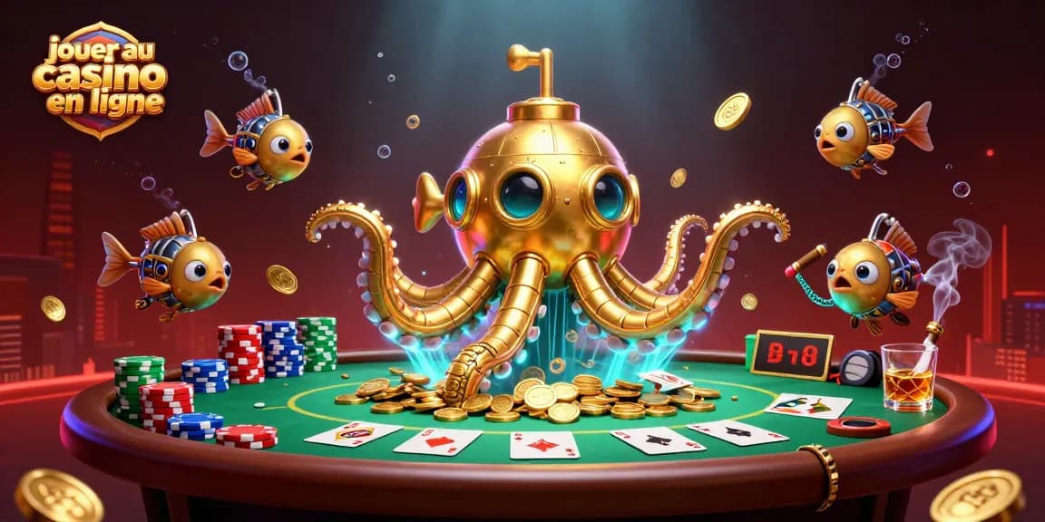 Jouer au casino en ligne avec un kraken en or et des poissons mécaniques dans un océan de pièces dorées.