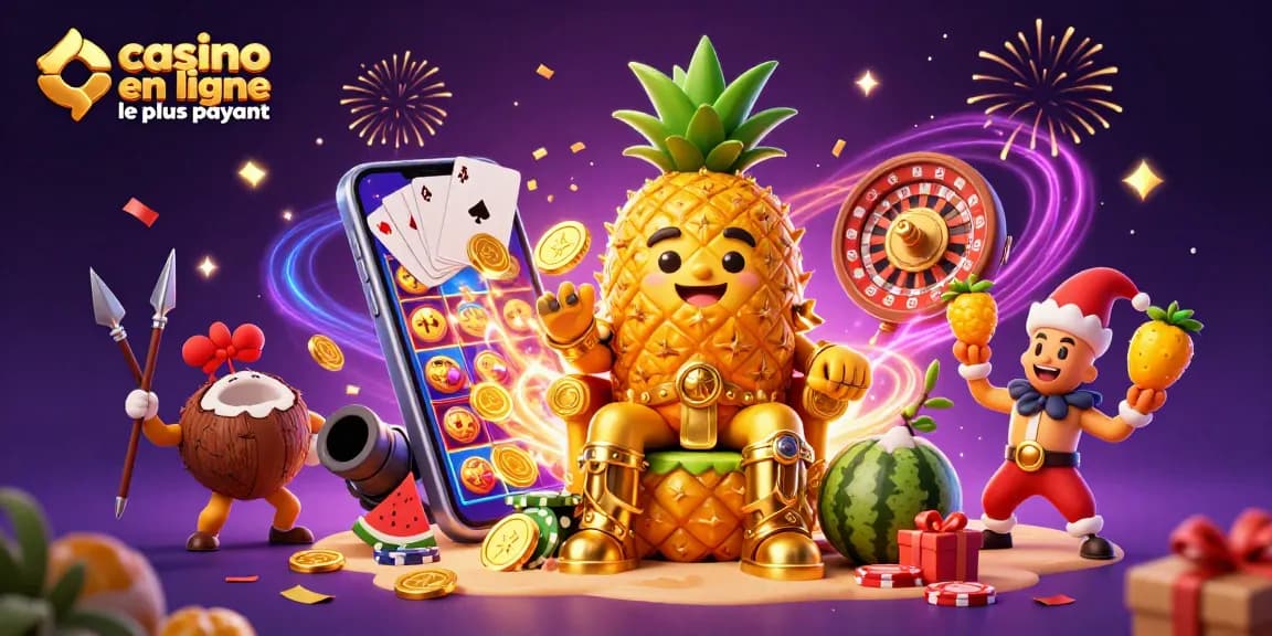 Illustration représentant le roi ananas en 3D dans un casino, avec des éléments de jeu colorés et des confettis, mettant en avant le casino en ligne le plus payant.