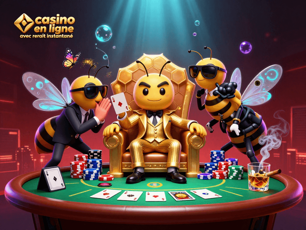 Casino en ligne avec retrait instantané, gains rapides au poker autour d'un bumblebee en costume.