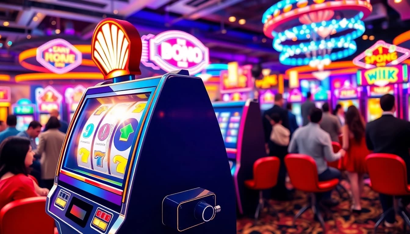 Engage in slot gambling at a vibrant casino with lively slot machines and excited players.