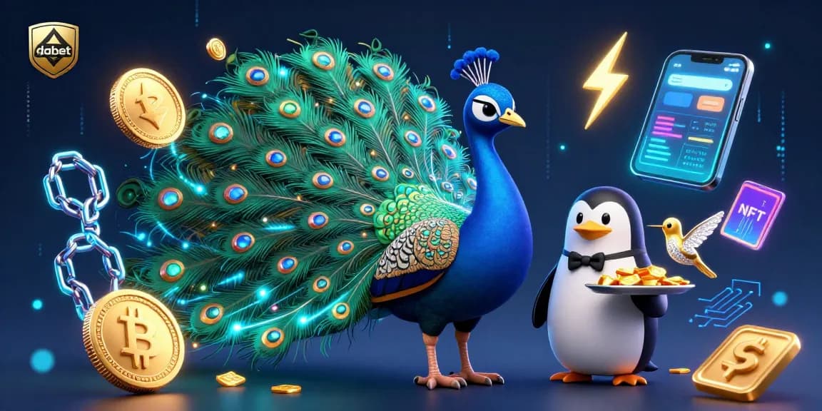 Dabet showcases an aristocratic peacock, a butler penguin, and a golden hummingbird in a vibrant casino setting.