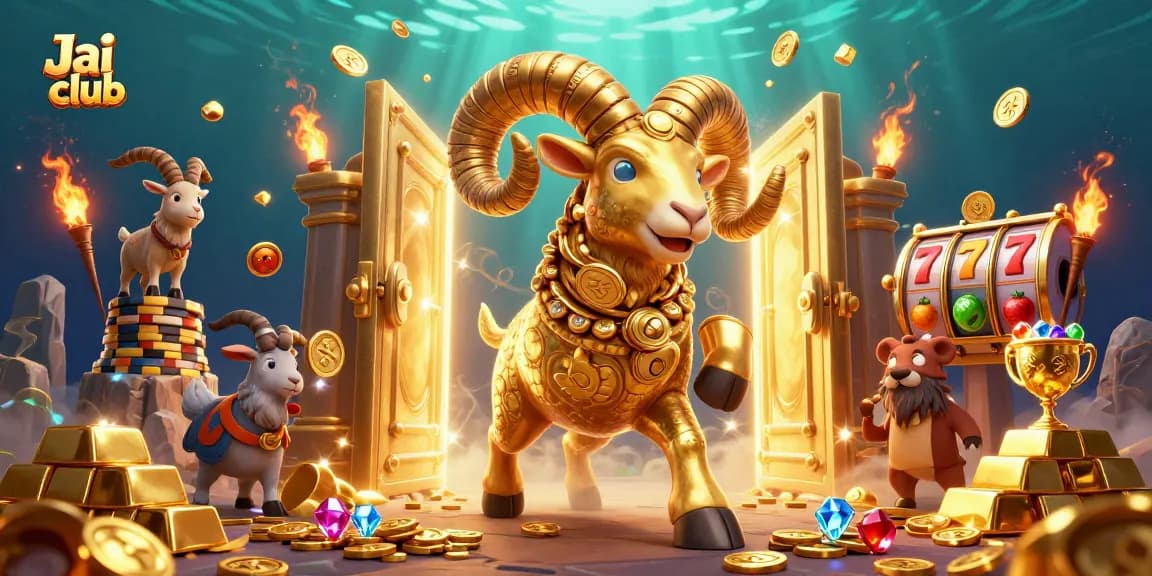 Engage in thrilling gameplay at Jai club with a dynamic scene of golden ram charging at a treasure vault.
