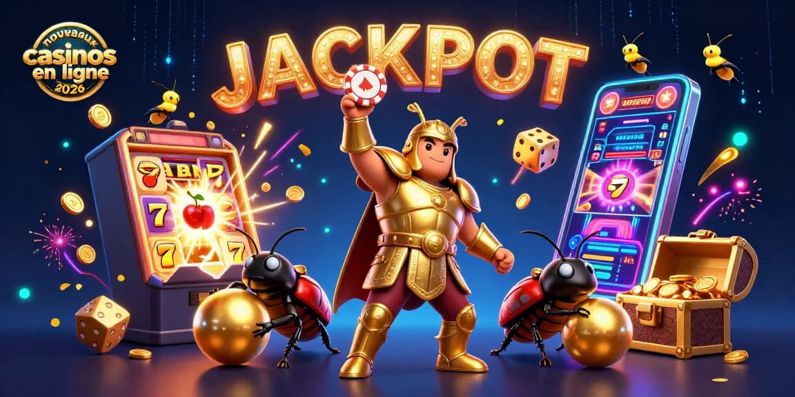 Illustration animée de nouveaux casinos en ligne 2026 avec des jackpots attrayants et une ambiance dynamique.