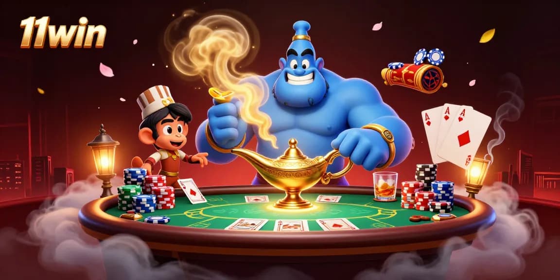 Join 11win's vibrant poker action with a genie, monkey, and magic carpet in a dynamic casino scene