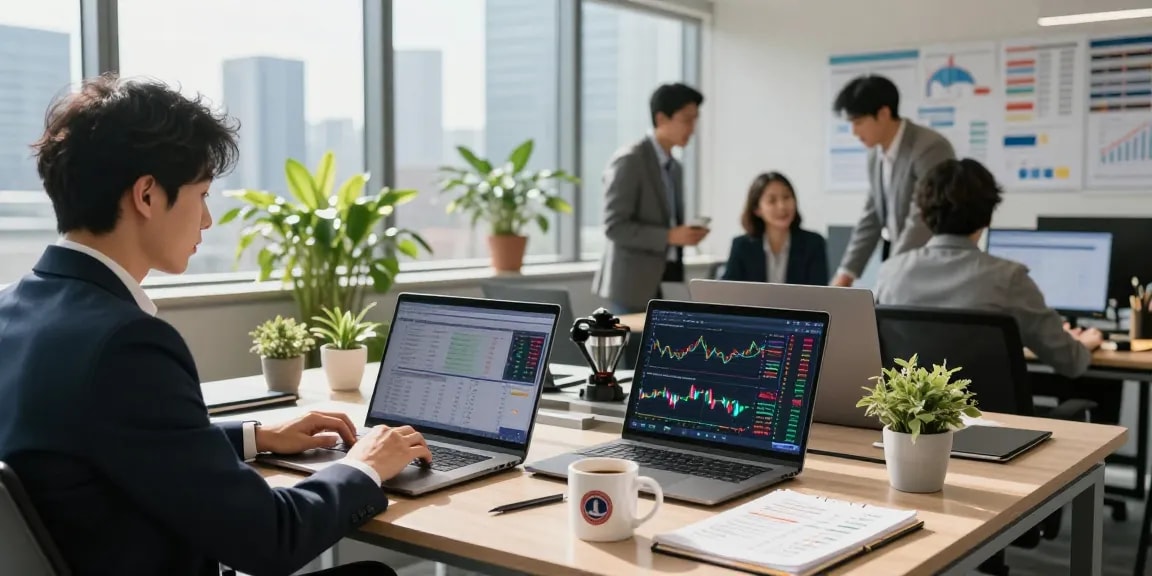 NAGA2000 stock analysis scene with analyst reviewing financial graphs in a modern office