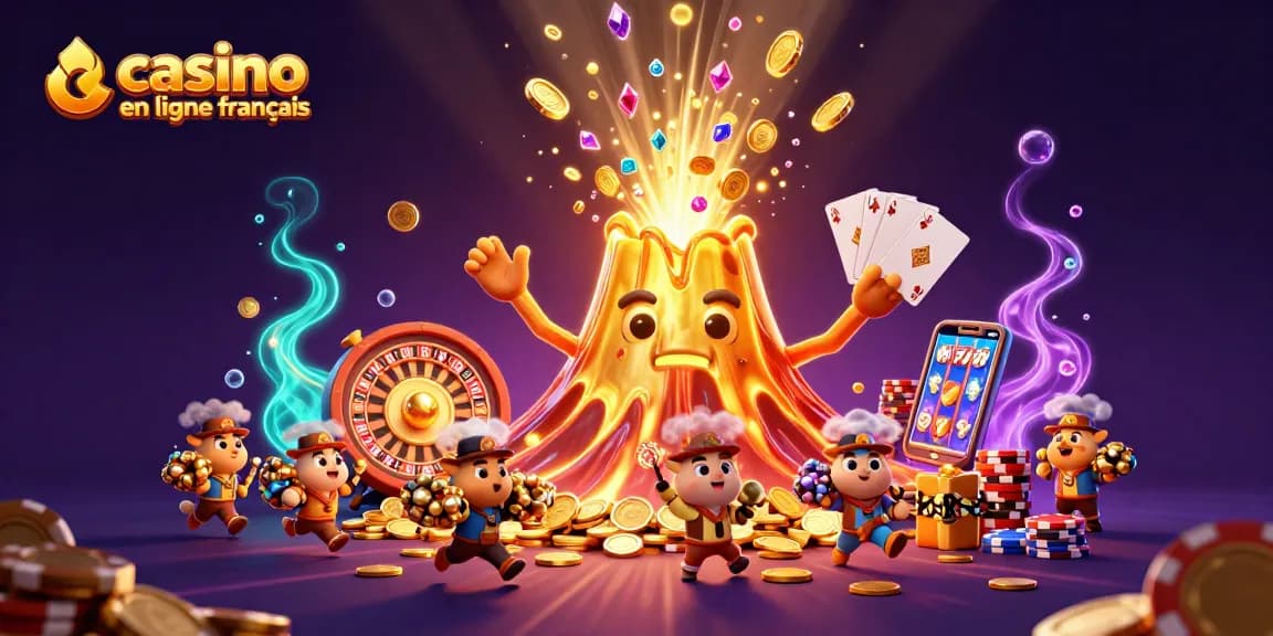 Faites fortune avec le casino en ligne français représenté par un volcan doré émettant des trésors.
