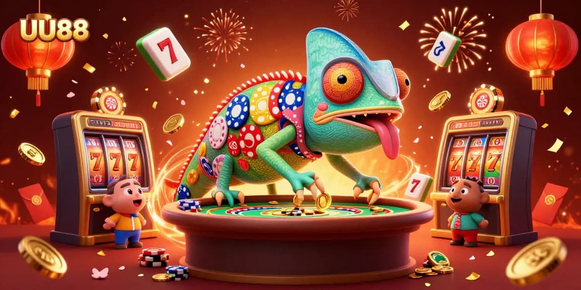 Experience vibrant casino action with UU88's 3D chameleon owner amid celebratory elements.