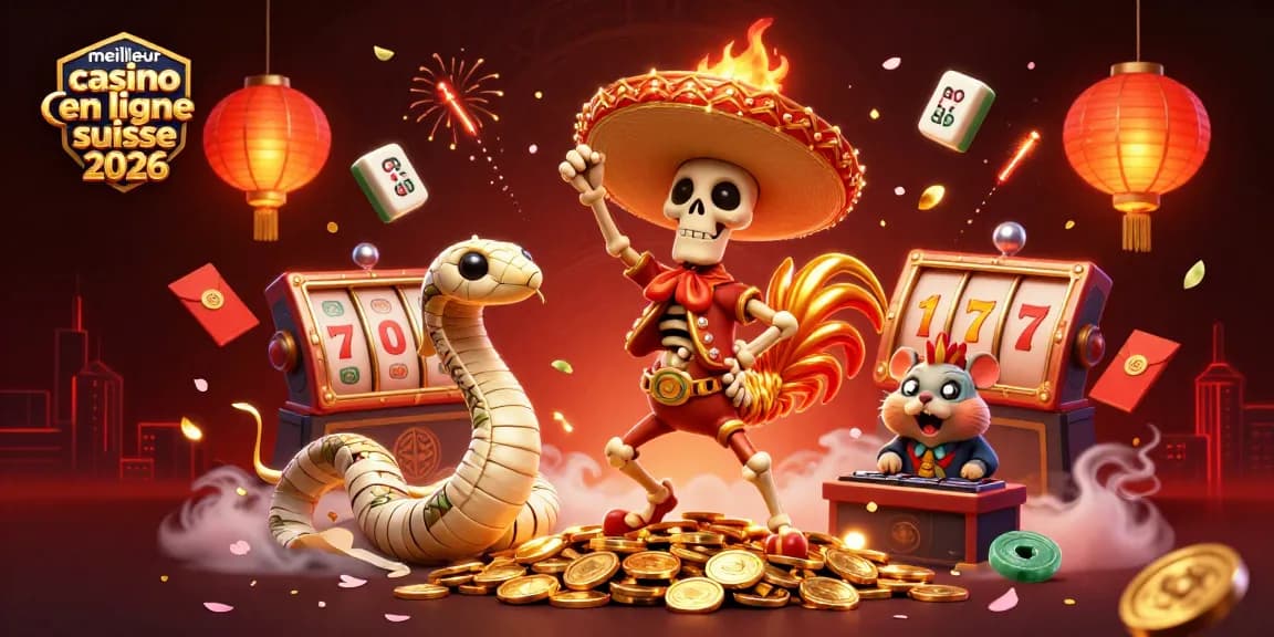 Rejoignez le meilleur casino en ligne suisse 2026 avec une illustration captivante de personnages de jeu dynamiques.