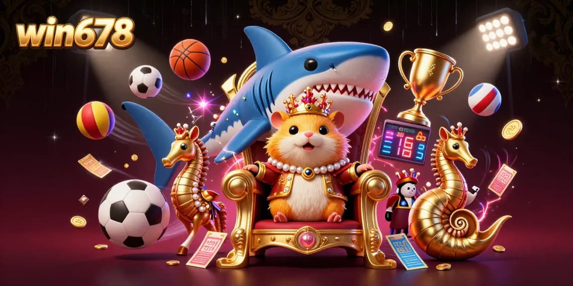 Experience big wins at win678 with a thrilling scene of a golden hamster king and dynamic sports elements