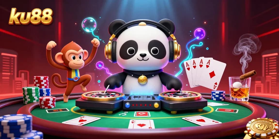 Experience a thrilling ku88 casino scene with a DJ panda, poker chips, and vibrant colors.