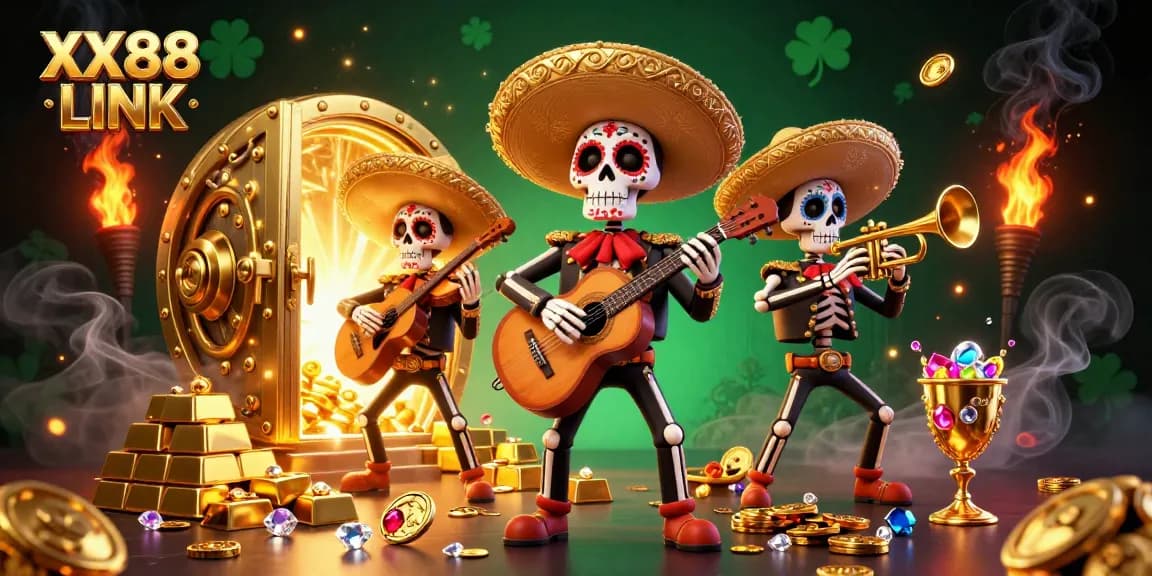 Experience the vibrant world of XX88 LINK with a lively mariachi band amidst treasure and gaming excitement.