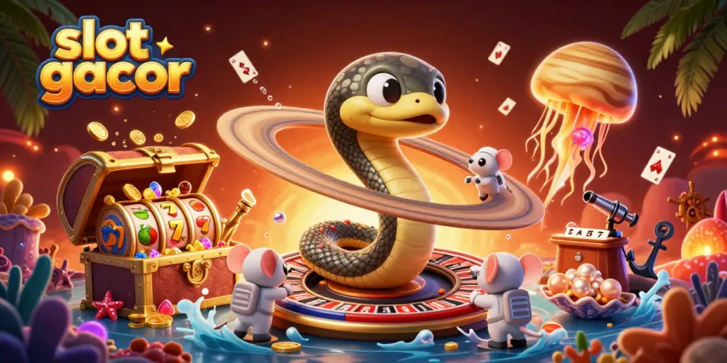 Slot gacor menggambarkan suasana luar angkasa dengan ular Saturnus yang berputar sebagai roda roulette dan astronaut tikus bertaruh.