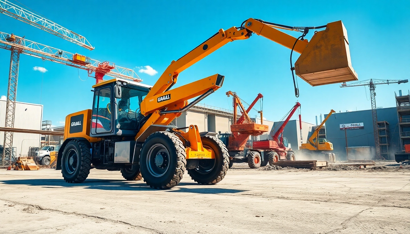 Gradall excavator lifting materials on a construction site with industrial backdrop.