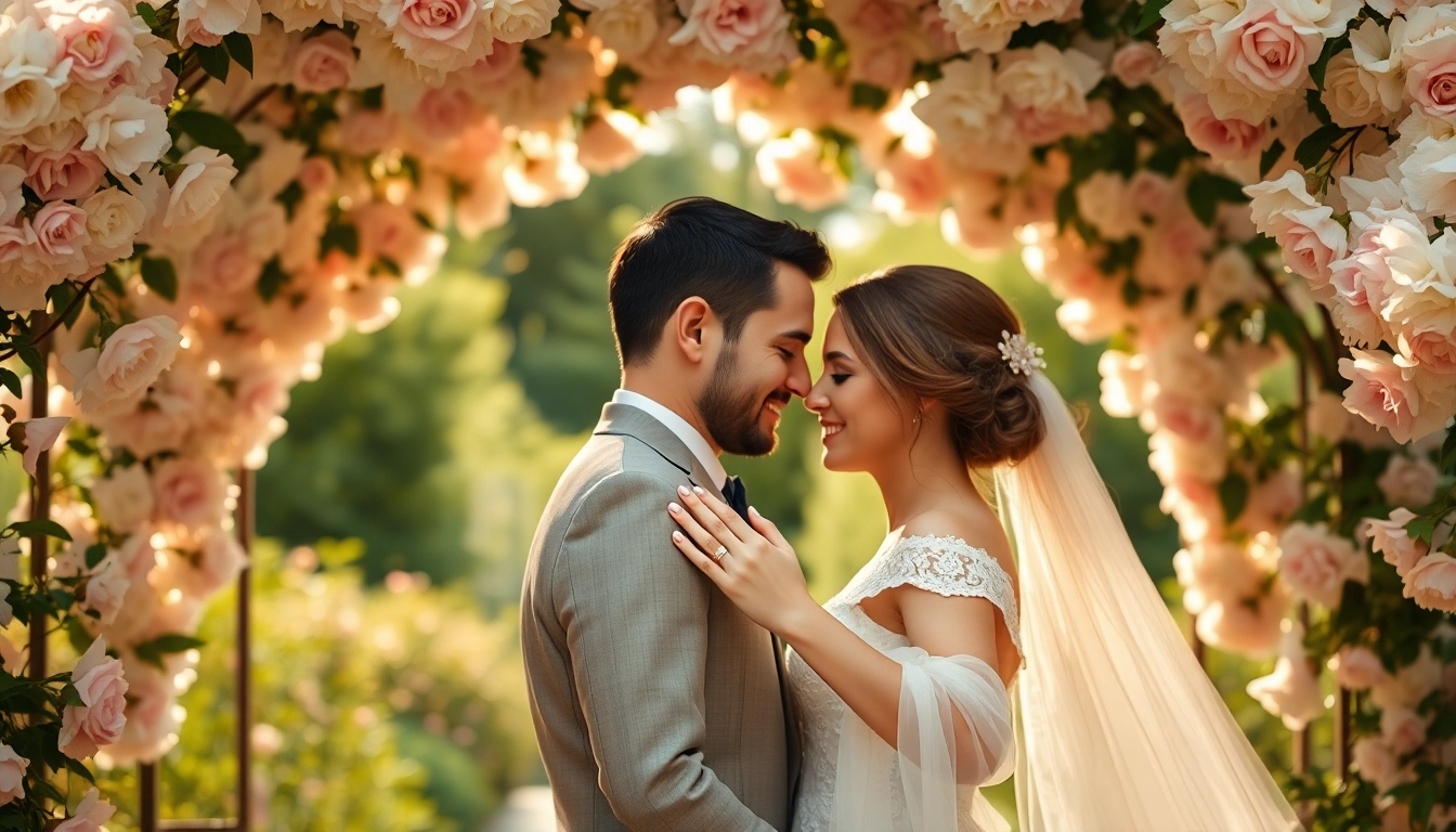 Capturing the essence of wedding photography with a couple under a floral archway, radiant sunlight illuminating their love.