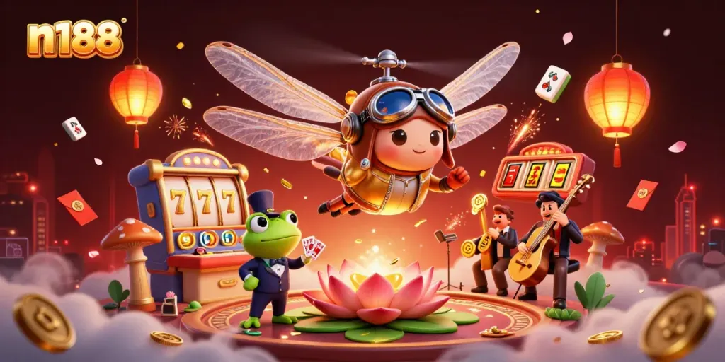 Engage in n188 slot games with a vibrant 3D casino scene featuring colorful characters and elements.