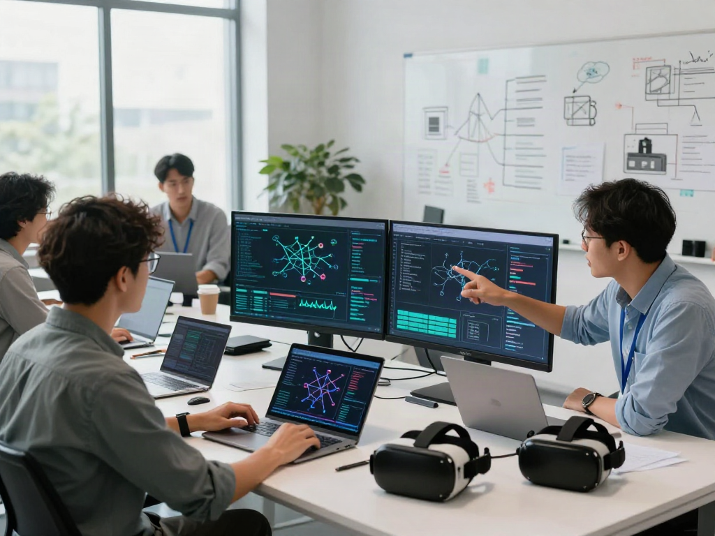 AI Detection specialists collaborating in a modern tech workspace with dual screens and vibrant atmosphere.