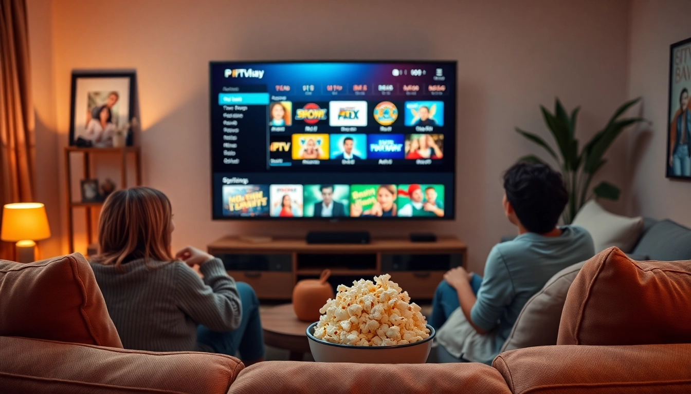 Experience IPTV Free Trial No card with a cozy living room setup featuring a large TV.