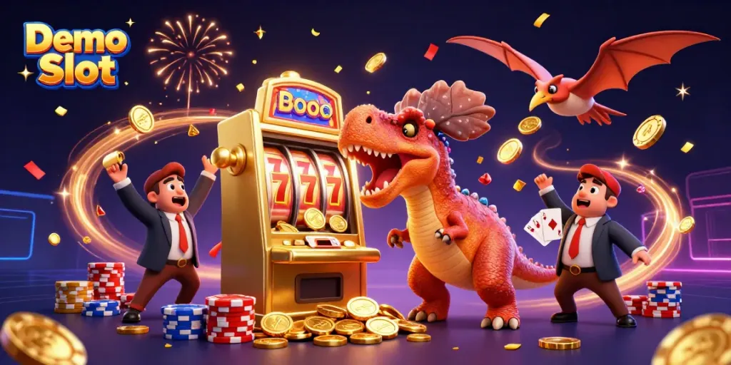 Engage with Demo Slot action as dinosaurs create excitement surrounding a slot machine jackpot.